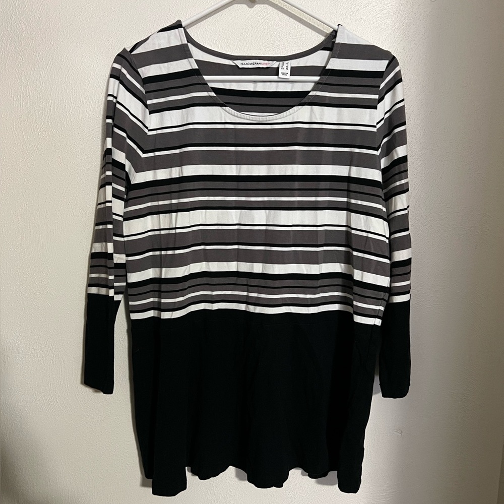 ISAAC MIZRAHI Classic Scoop Neck Striped Blouse Black White Women's Size Large
